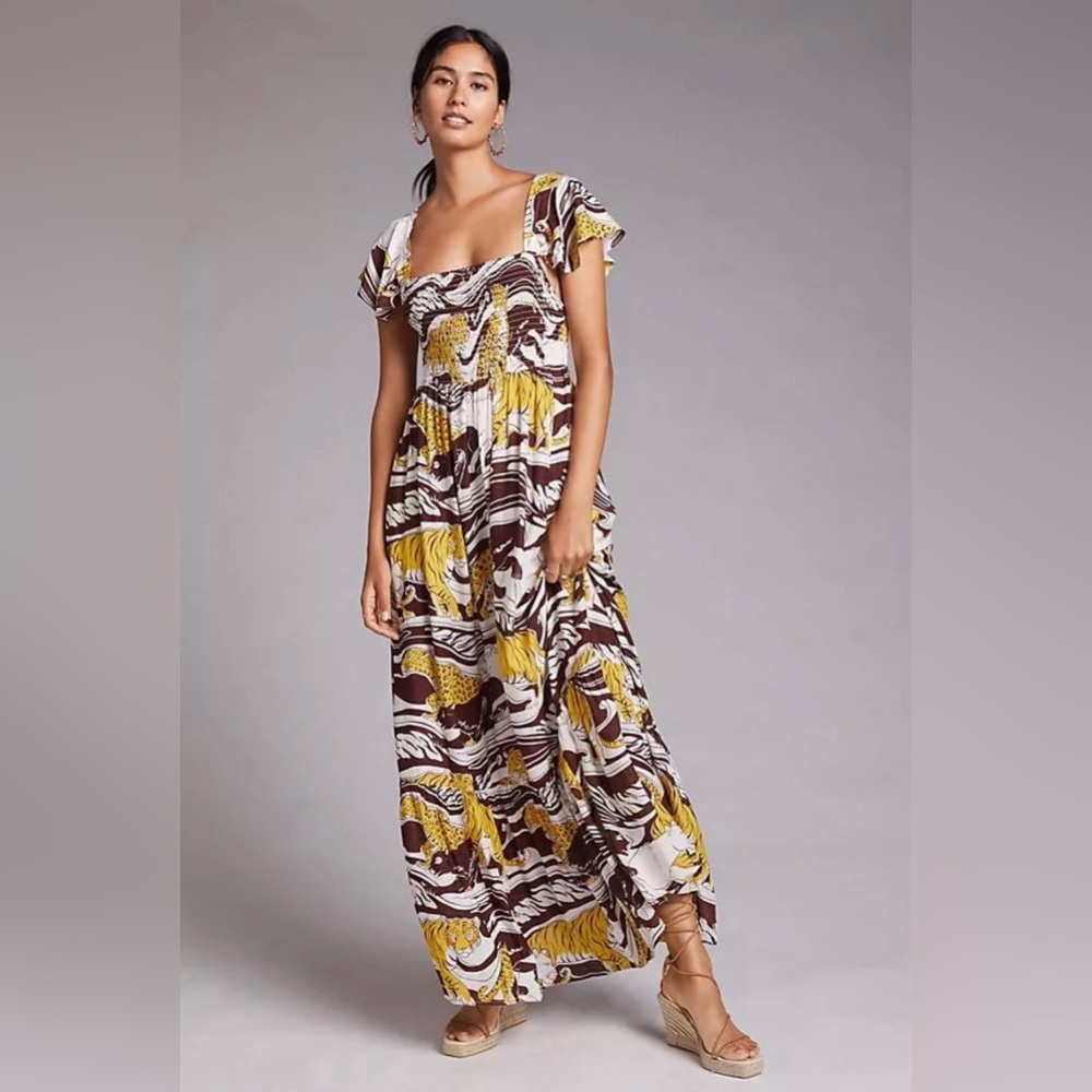 Anthropologie Panther Ruffle Maxi Dress Size XL Smocked Lightweight Resortwear